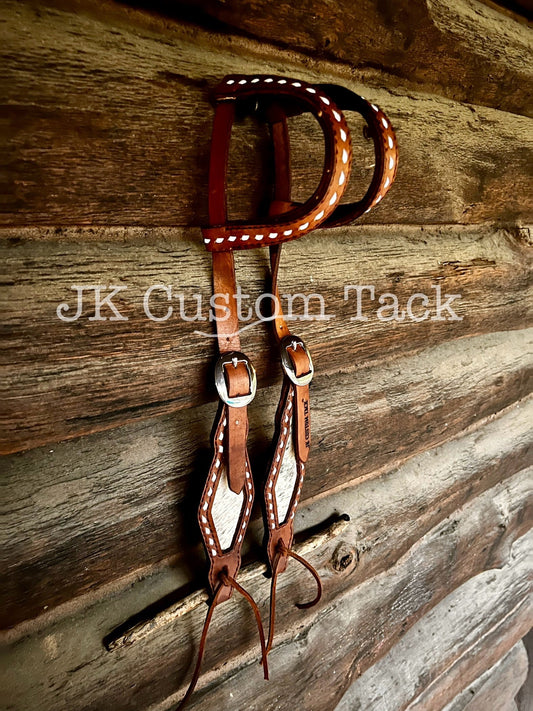 Handcrafted Leather Double Ear Headstall with Cowhide Inlay and White Buckstitch