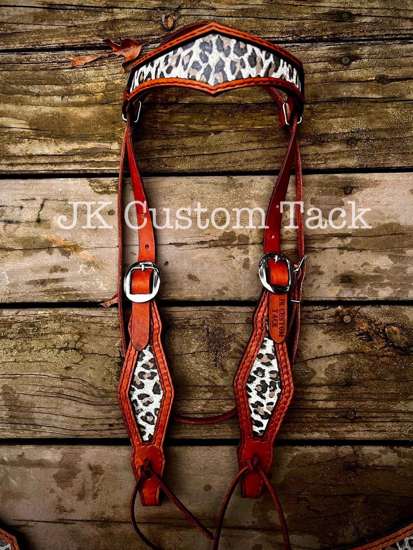 Handcrafted Leopard Print Inlay Leather Gladiator Style Tack Set Breastcollar/Headstall/Wither Strap
