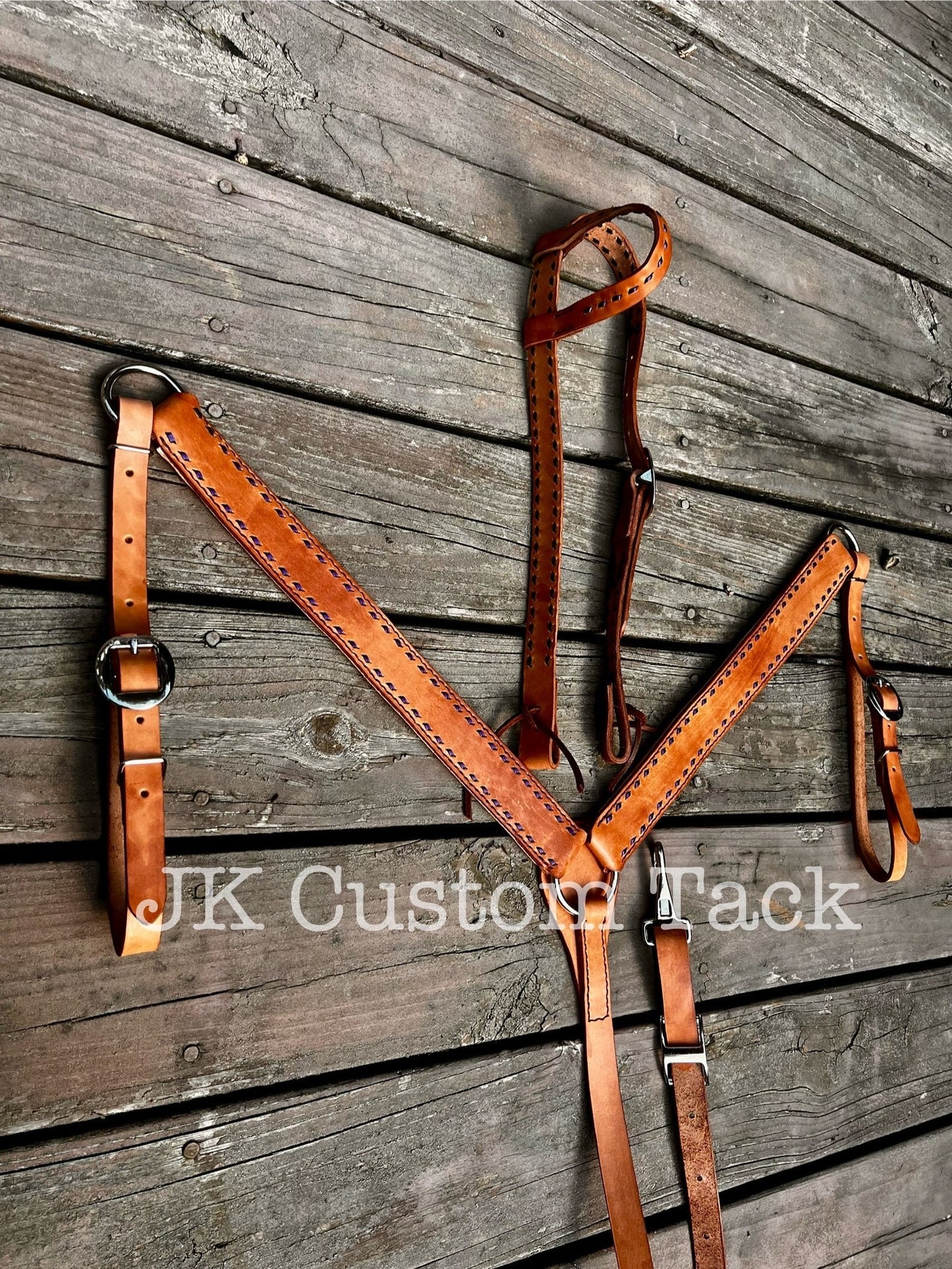 Handcrafted Leather Headstall or Breastcollar with Metallic Purple Buckstitch