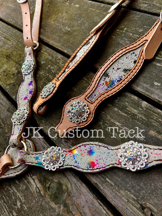 PONY Sized Handcrafted Rainbow Acid Wash Leather Tack Set Breastcollar/Headstall