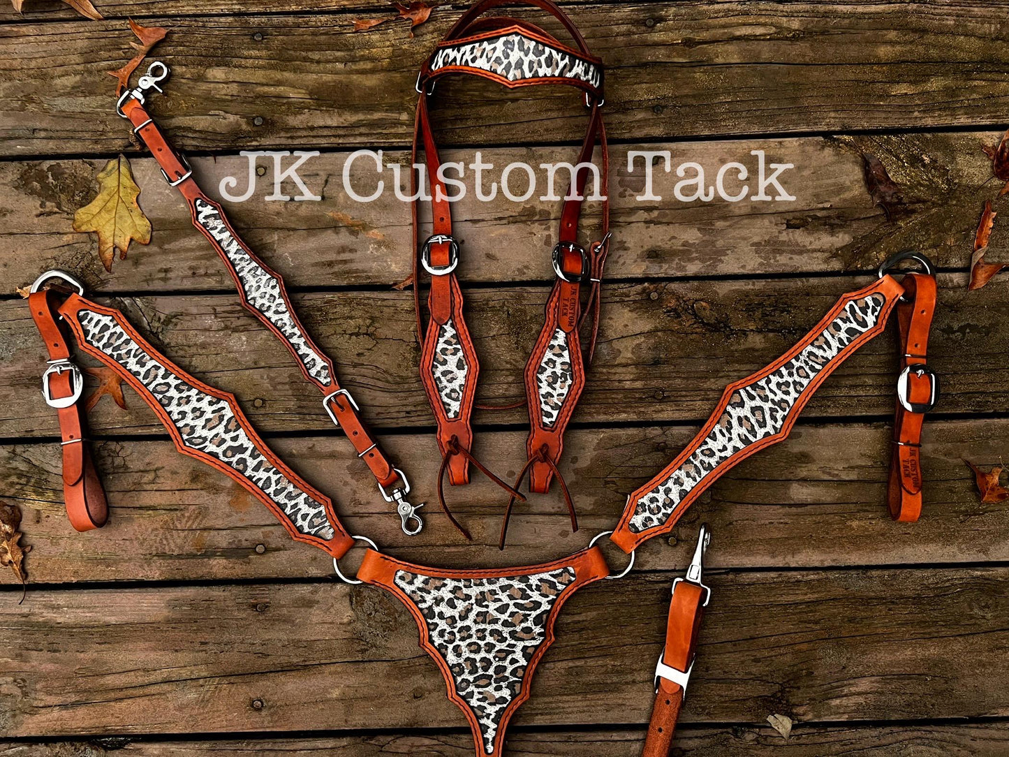Handcrafted Leopard Print Inlay Leather Gladiator Style Tack Set Breastcollar/Headstall/Wither Strap