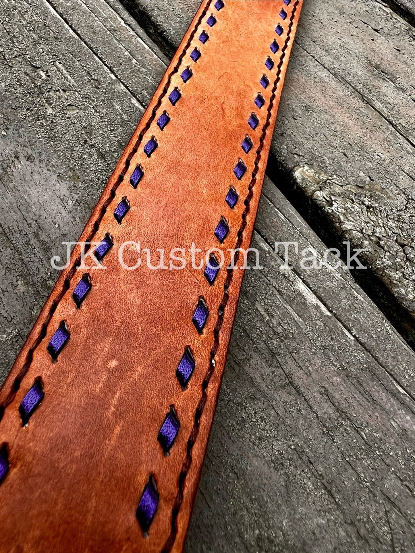Handcrafted Leather Headstall or Breastcollar with Metallic Purple Buckstitch