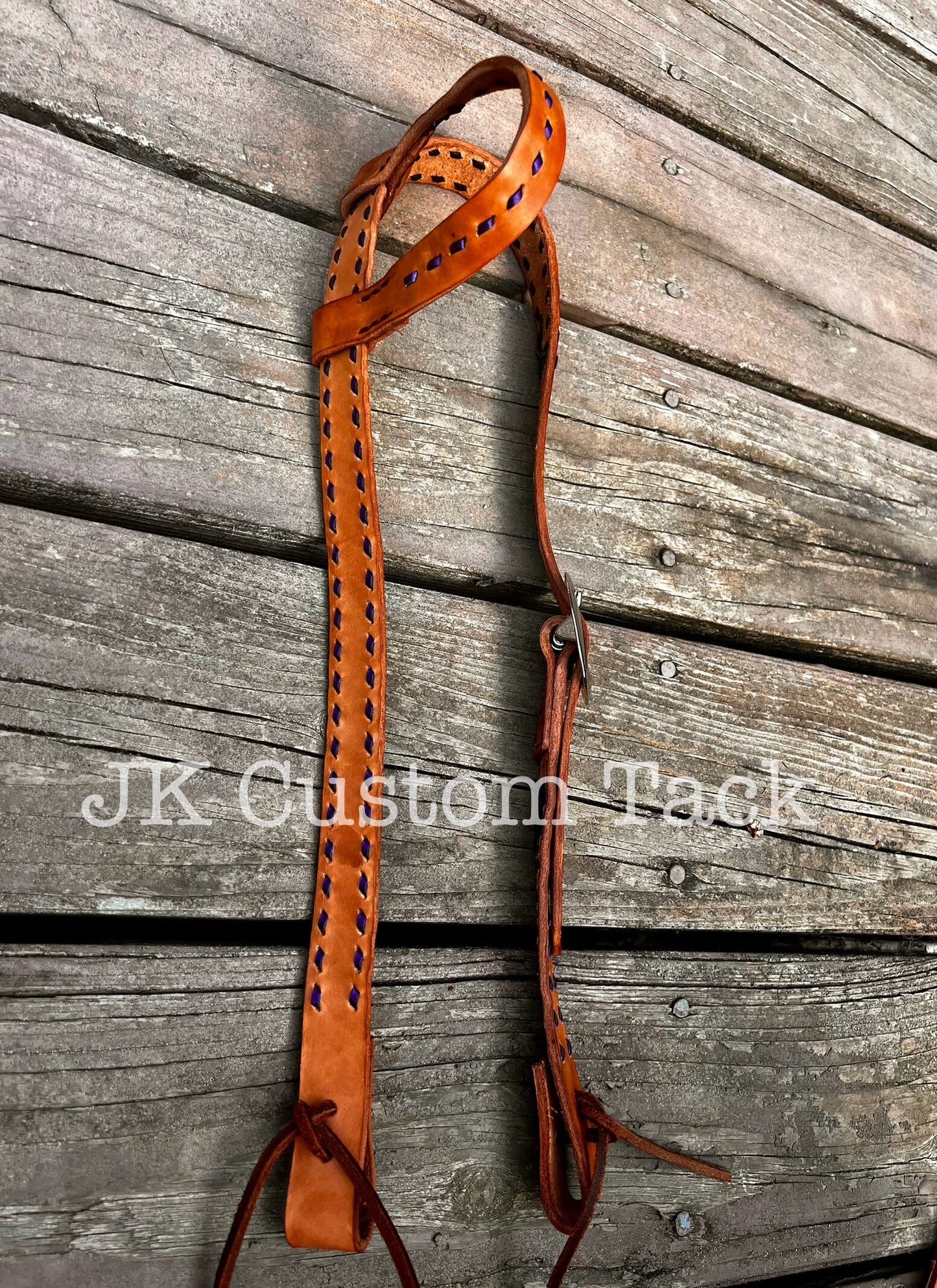 Handcrafted Leather Headstall or Breastcollar with Metallic Purple Buckstitch