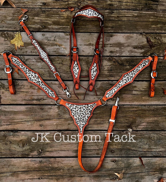 Handcrafted Leopard Print Inlay Leather Gladiator Style Tack Set Breastcollar/Headstall/Wither Strap