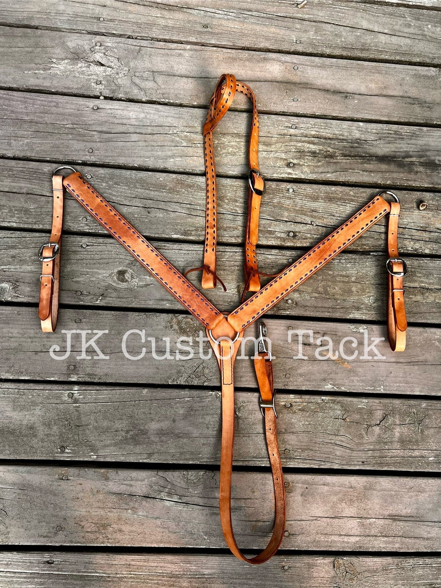 Handcrafted Leather Headstall or Breastcollar with Metallic Purple Buckstitch