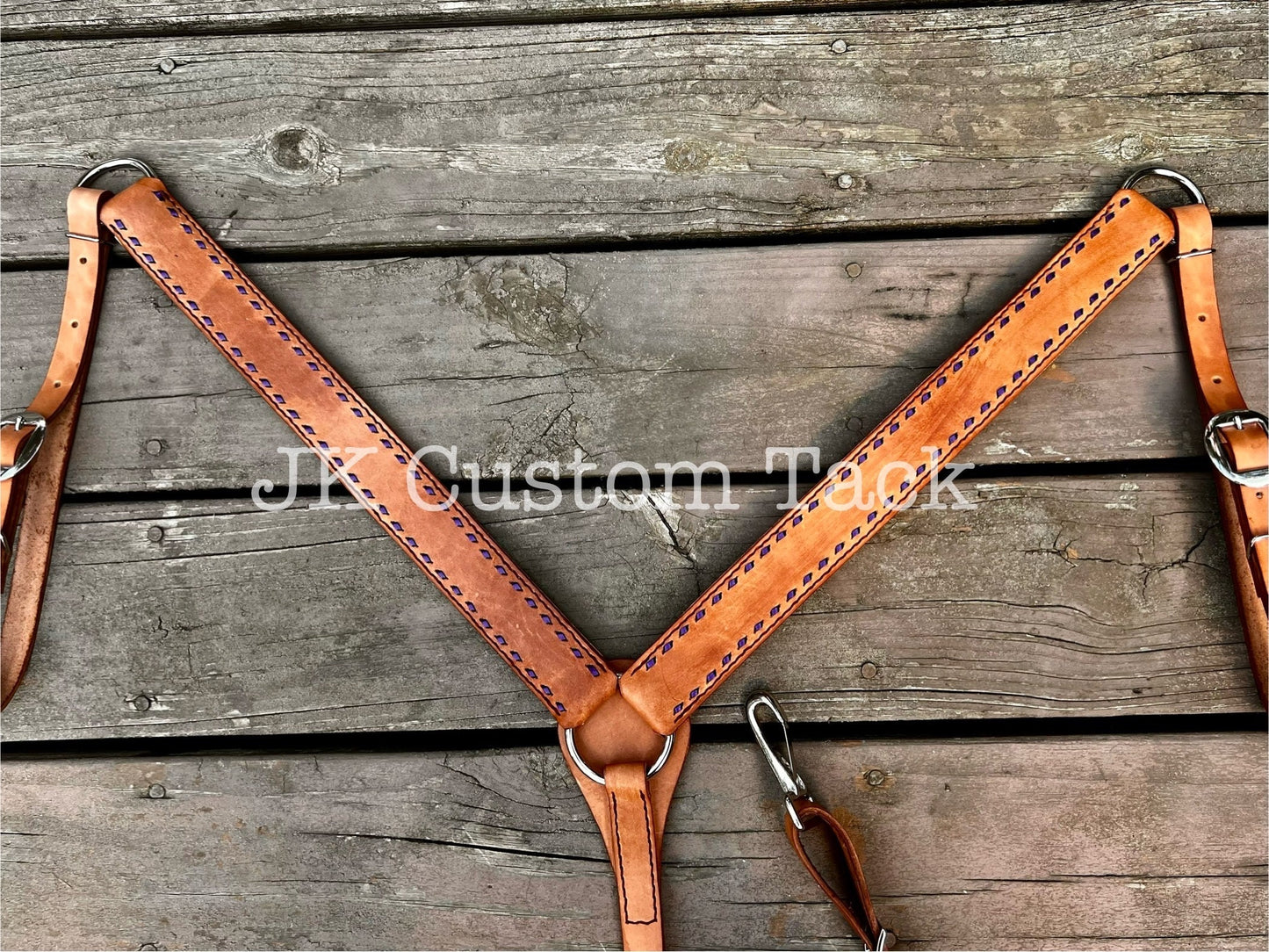 Handcrafted Leather Headstall or Breastcollar with Metallic Purple Buckstitch