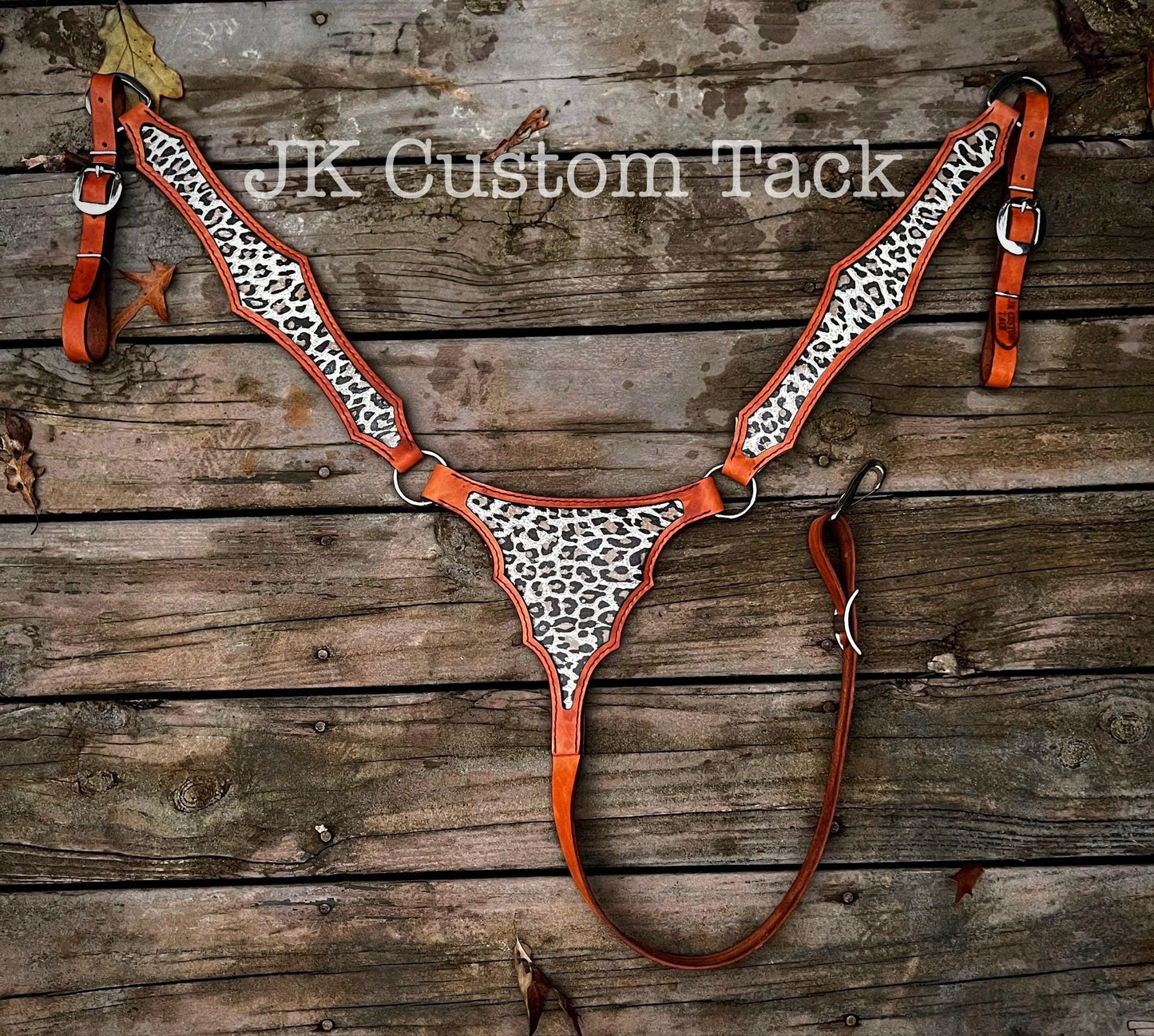 Handcrafted Leopard Print Inlay Leather Gladiator Style Tack Set Breastcollar/Headstall/Wither Strap