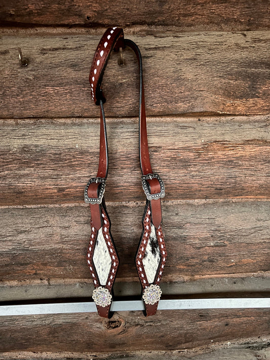 Handcrafted Leather Tack Set with Cowhide Inlay and White Buckstitch